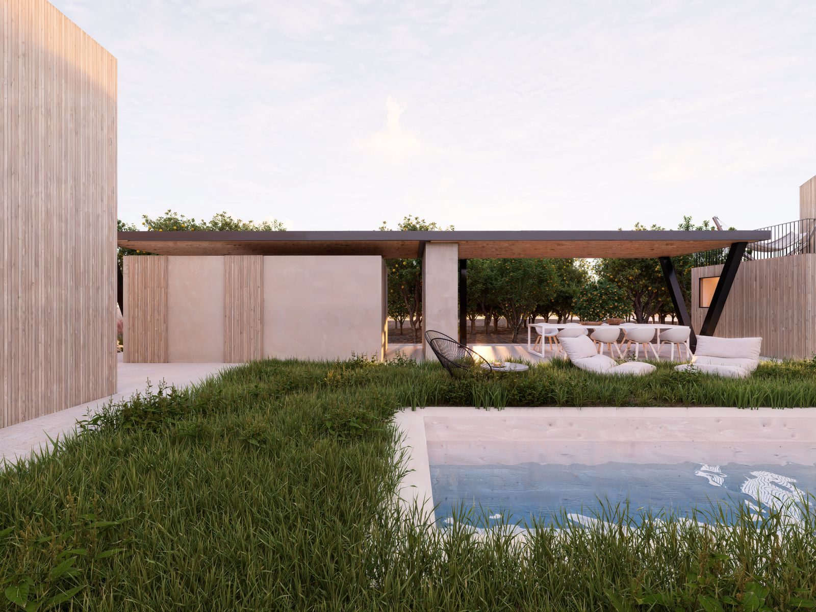 Zona de quincho y piscina exterior de la tiny house