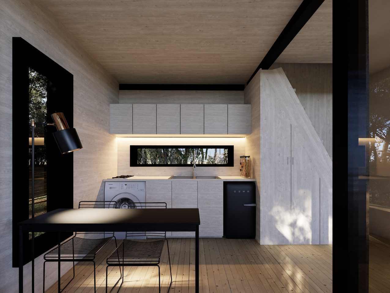 Interior cálido de madera con ventanal hacia el bosque