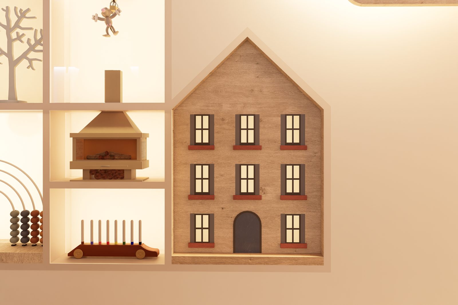 Mueble retroiluminado del mundo del Ratón Pérez con casitas de madera