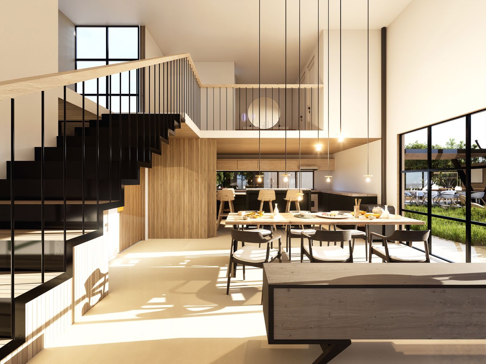 Cafetería con mesón y mobiliario de madera