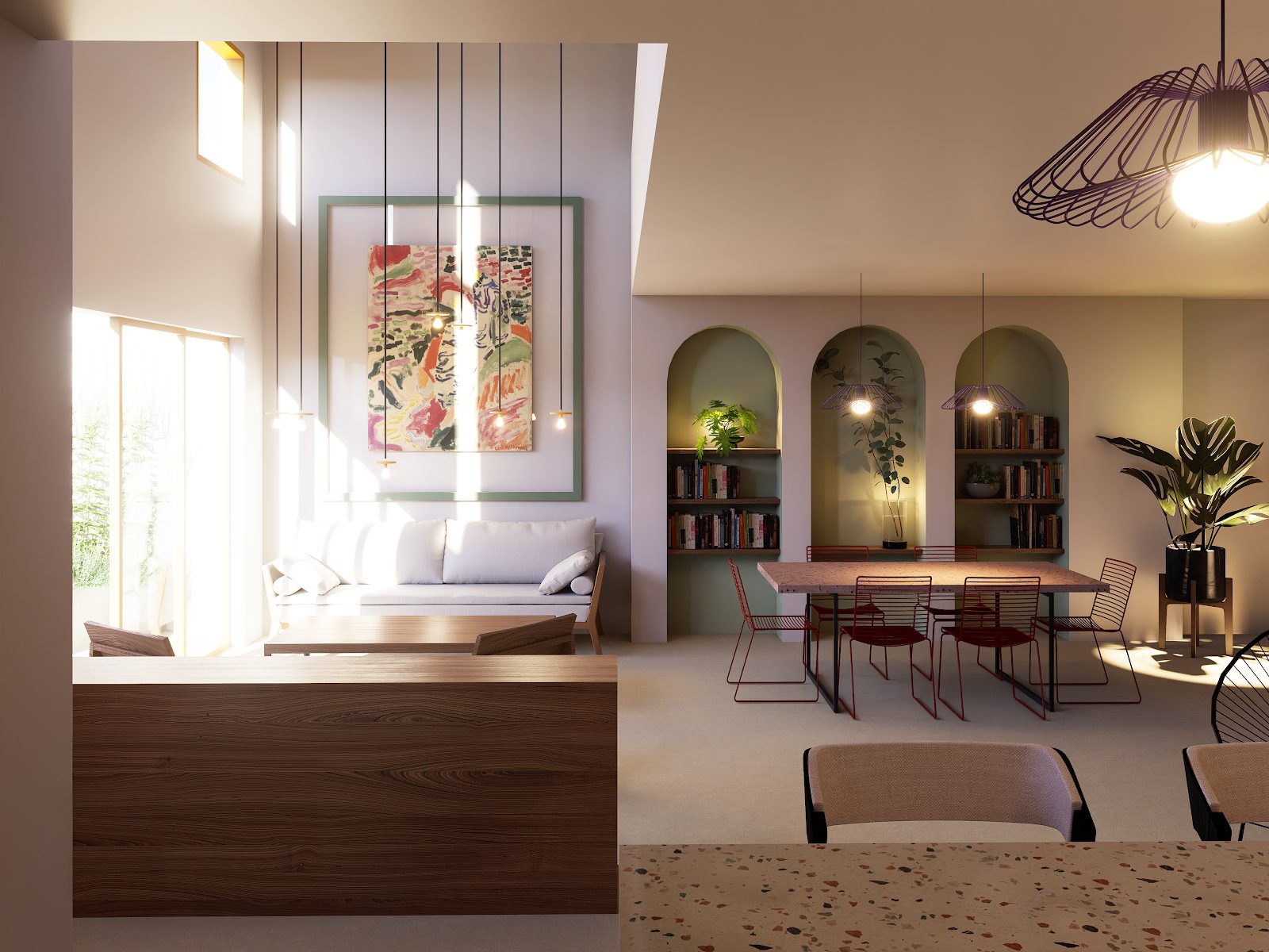 Interior cálido con estantería de arcos diseñado por el estudio