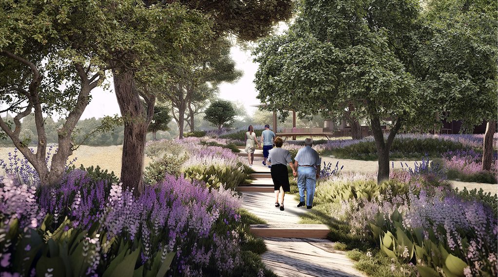 Render de piscina y pérgola en jardín diseñado por Meridiana